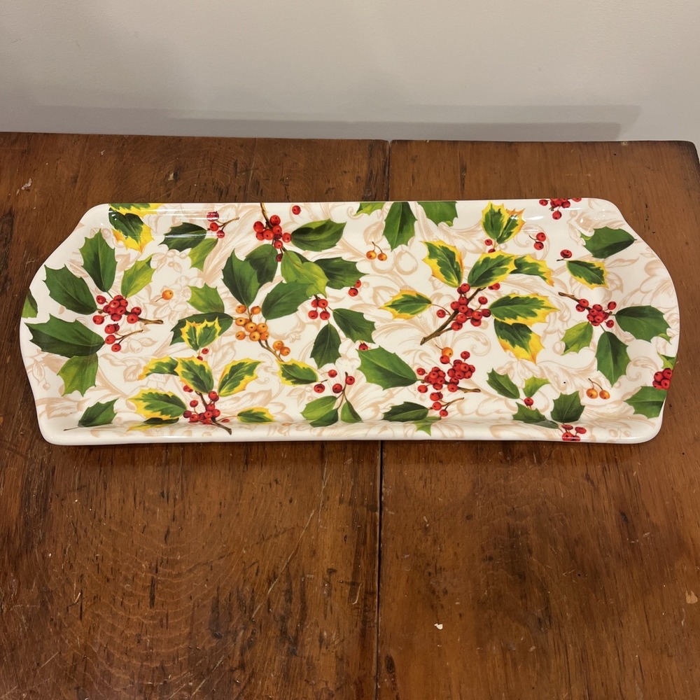 Pamela Gladding Santa Barbara Ceramic Design Rectangle Tray Holly Leaves Xmas